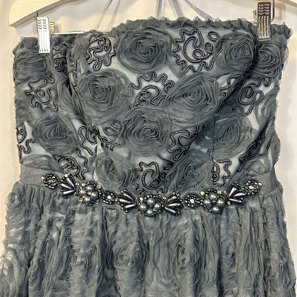 Adrianna Papell Collection Ball Gown Steel Blue Tulle Rosette Dress DAMAGE 10 - Picture 2 of 11